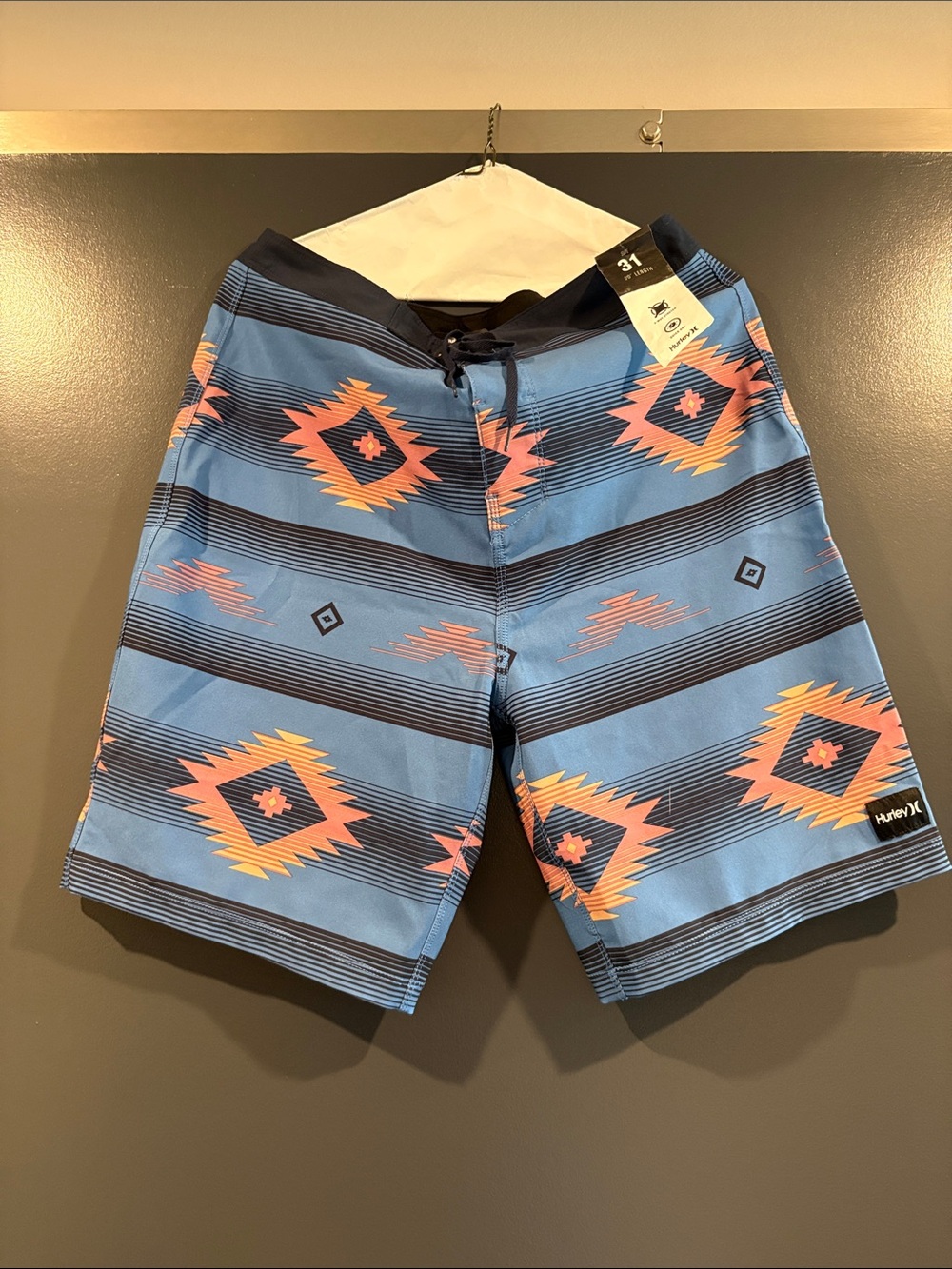 Hurley Men's Blue Swim Board Shorts with Coral & Yellow Aztec Print